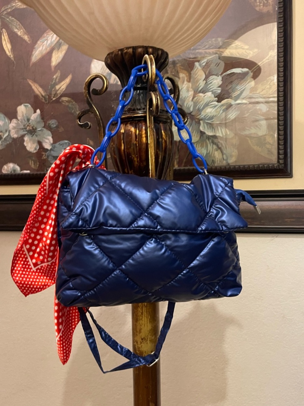 Quilted Navy Shoulder Bag with Chain Handle - Picture 2 of 16